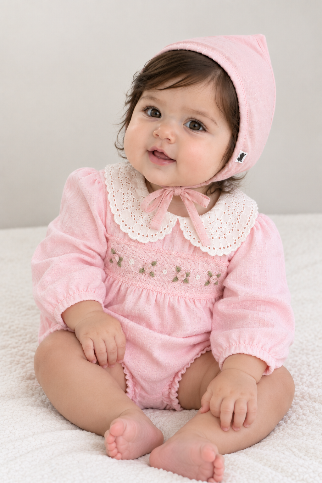Fall Pink Smocked Baby Girl Bubble Romper Peter Pan Collar Floral Detail