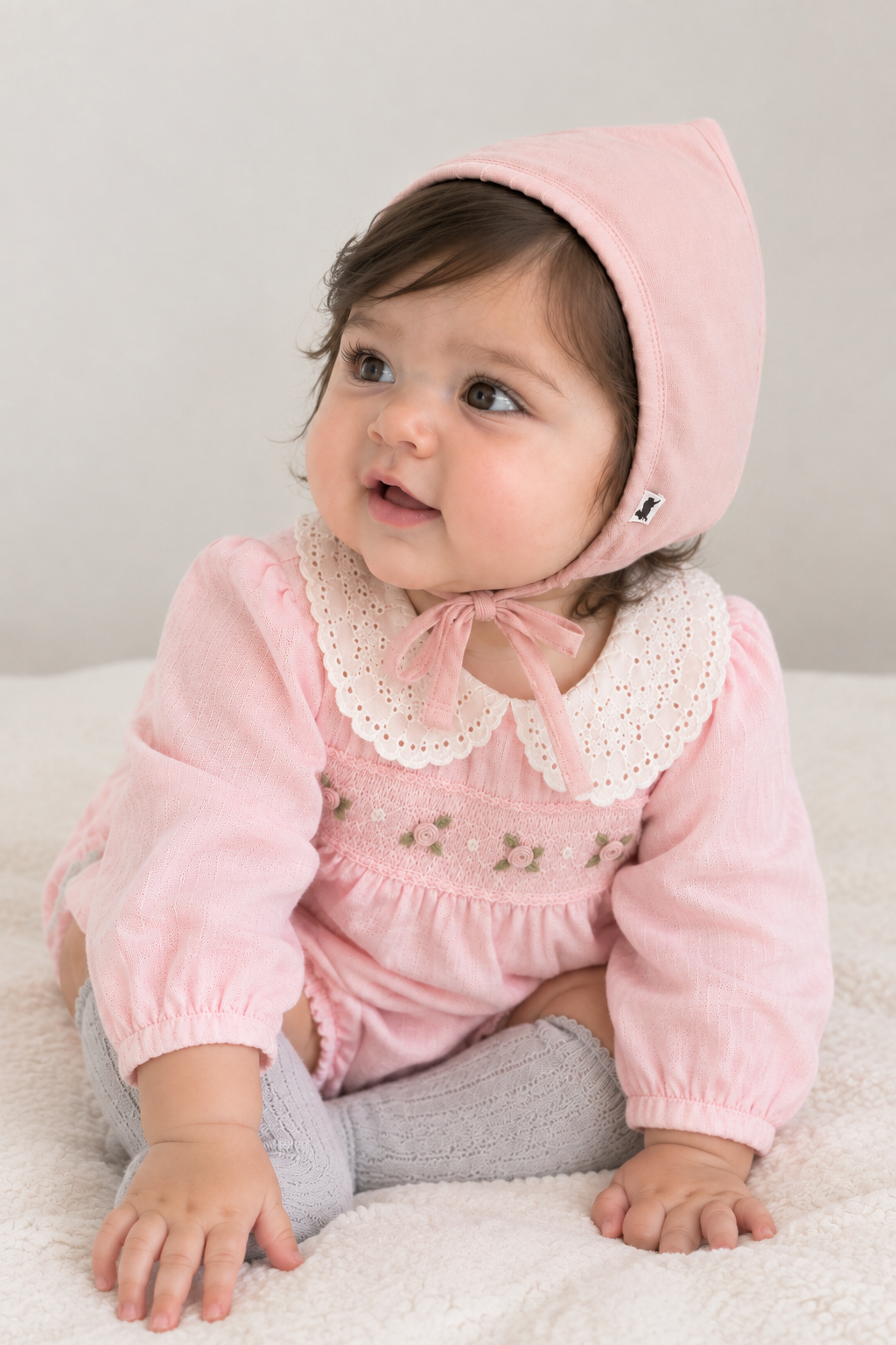 Fall Pink Smocked Baby Girl Bubble Romper Peter Pan Collar Floral Detail