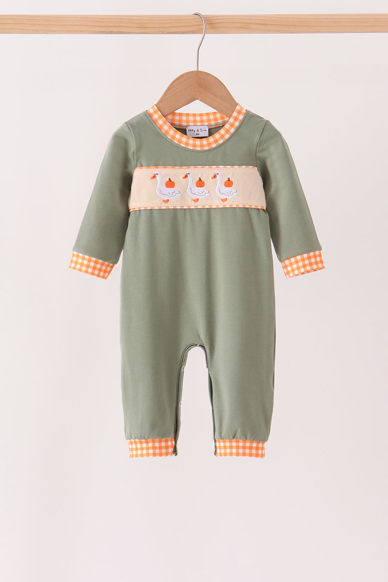 Green goose pumpkin embroidery romper