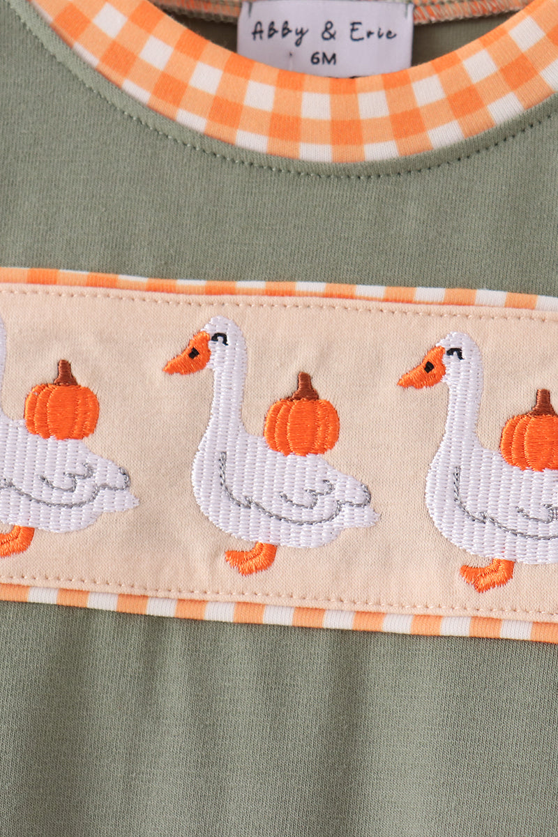 Green goose pumpkin embroidery romper